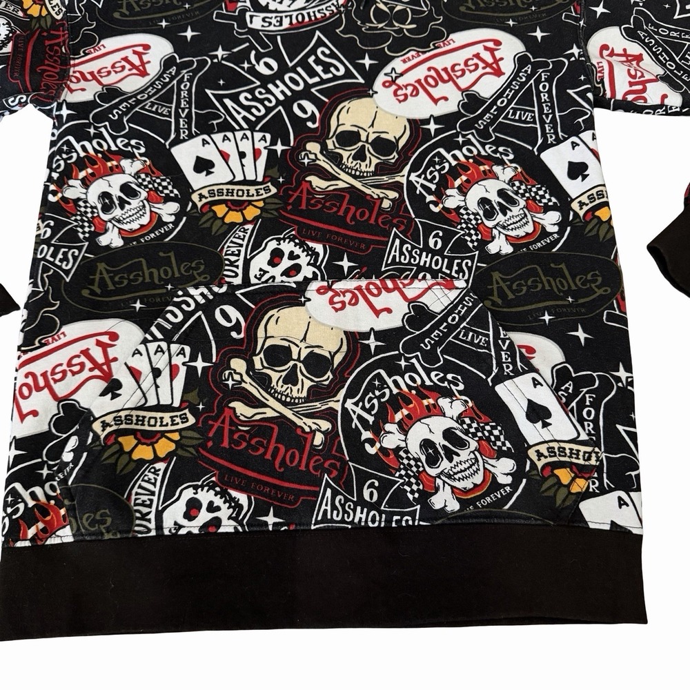 Assholes*s Live Forever AOP Skull Tattoo Hoodie‎ SMALL Rocker Punk Biker Grunge - Picture 3 of 10